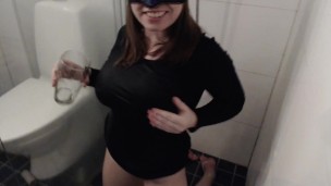 Master tells me to piss in a glass and pour it over my big boobs