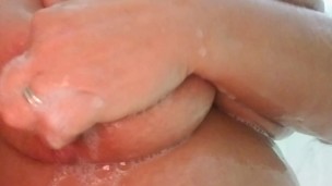 Wife soaping up her huge natural hhh tits in the shower 