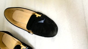 Cumshot on slippers of a young bitch