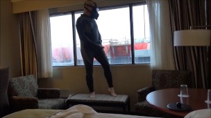 quick wetsuited cum on window for construction workers