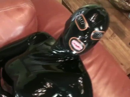 Couple Full In Black Rubber Catsuit Mask Gloves Condom Encasement Latex Sex