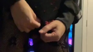 Femboy Crossdresser Plays in Ripped Tights and Cums on Them