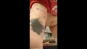 BBW Mature MILF Panty Vibe Test (insert and Removal) public restroom