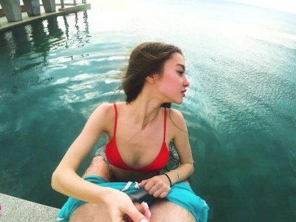 Accidentally cum in her pussy near the rooftop pool - SolaZola