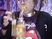 Hippie Chick Smoking Double Perc Bong
