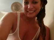 Milf in Wet TShirt with Big Long Hard Nipples Playing in shower!
