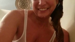 Milf in Wet TShirt with Big Long Hard Nipples Playing in shower!