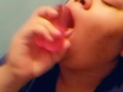 busty babygirl deep throats dildo