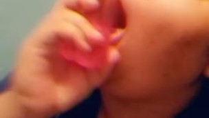 busty babygirl deep throats dildo