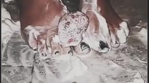Spruzzo la panna sui miei piedi nudi mentre calpesto una fragola!
