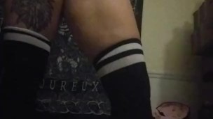 Chubby slut in thigh highs rides dildo