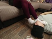 Kiss feet in red pantyhose and white socks foot fetish worship 9/16