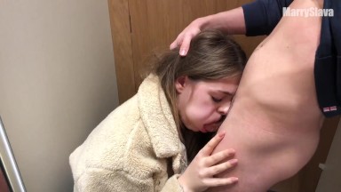 DEEPTHROAT BLOWJOB IN THE FITTING ROOM. Swallow his cum