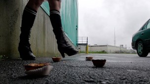 Giant Black Boots Crushing Custard