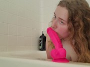 Big natural tits amateur give sloppy blowjob to dildo in bathtub