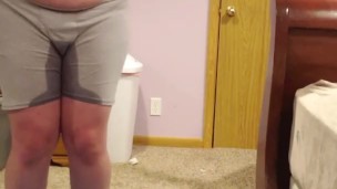 Desperately peeing in boxers, chunky ftm can't help but to piss in bedroom