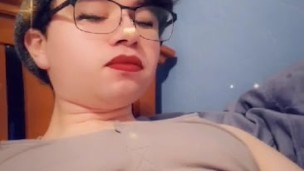 T-girl rubs her tiny clit