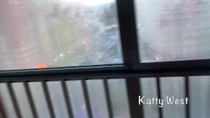 Brunette teen caught on the balcony public masturbation