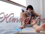 Public masturbation ass fingering on ship's deck reading erotic novel