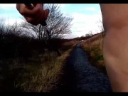 Walking around naked on a footpath without and then with penis pump