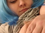 Girl with colored hair plays with her big fat tits