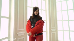 Red Tights. Jeny Smith public walking in tight red pantyhose (no panties)