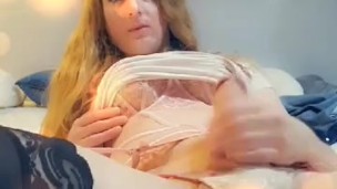 Sissy Blonde Trans Girl Fucks Her Ass Glass Dildo In Lingerie 