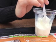 Рискованный секс с незнакомцем в туалете торгового центра. Кончает на задницу за деньги 3/16