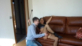 Russian femdom taught licking and spanked a guy in a chastity belt!