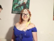 BBW gets pied multiple times in tight blue dress 3/16