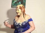 BBW gets pied multiple times in tight blue dress 9/16