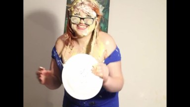 BBW gets pied multiple times in tight blue dress