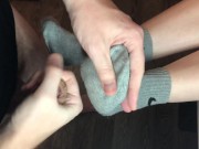 teen sockjob with gray nike socks, footjob teen socks after gym fuck cum 13/16