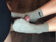 teen sockjob with gray nike socks, footjob teen socks after gym fuck cum 2/16