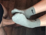 teen sockjob with gray nike socks, footjob teen socks after gym fuck cum 3/16
