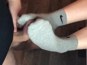 teen sockjob with gray nike socks, footjob teen socks after gym fuck cum 4/16