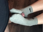 teen sockjob with gray nike socks, footjob teen socks after gym fuck cum 5/16