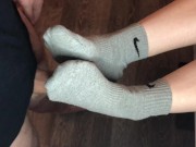 teen sockjob with gray nike socks, footjob teen socks after gym fuck cum 9/16