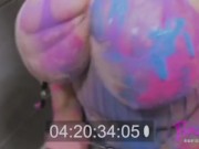BBW in bondage covered in paint and orgasming with wand