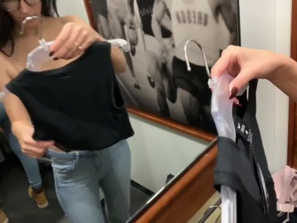 Risky public sex in the fitting room of a fitness store (cum in mouth)