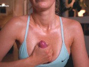 Ultra-hot sweaty fitness girl in sports bra gets my cum with her big tits! 11/16