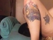 Tattooed white chick rides husbands face blind folded until she cums 13/16