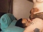 Tattooed white chick rides husbands face blind folded until she cums 3/16