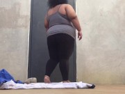 Bbw having fun at outdoor racquetball court while people play close by 1/16