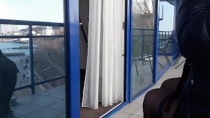 Balcony hotel smoking fetish with naked boobs