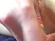 Myra fucks her ass with candy and squirts before sucking on it. 4K