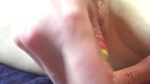 Myra fucks her ass with candy and squirts before sucking on it. 4K