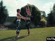 Busty beauty peels off gorgeous lovers tight yoga pants and eats her pussy 2/16