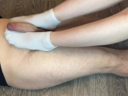 sexy girl in white socks footjob and handjob with sock cumshot foot fetish 8/16