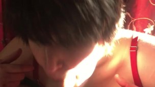 Cute Emo girl gives her bf a risky sloppy blowjob in front of window